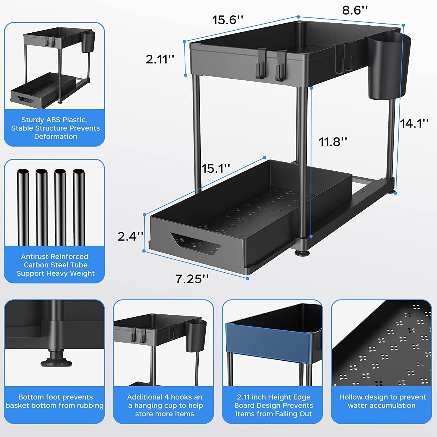 HEMOVIA Under Sink Organizer,Sliding Under Bathroom Automobiles Cabinet Storage Drawer Organizer Hanging Cup,Dividers,Handles,Mu
